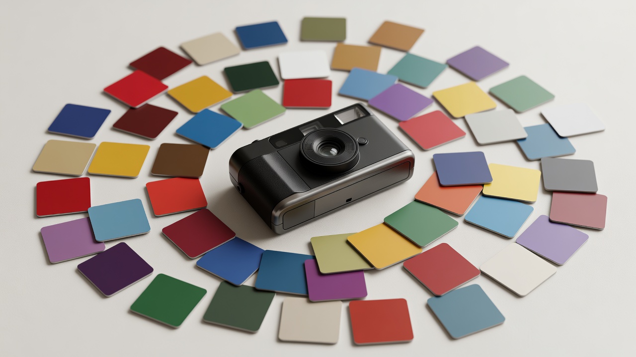 Soft-lit 3D render of a compact camera surrounded by colour swatches