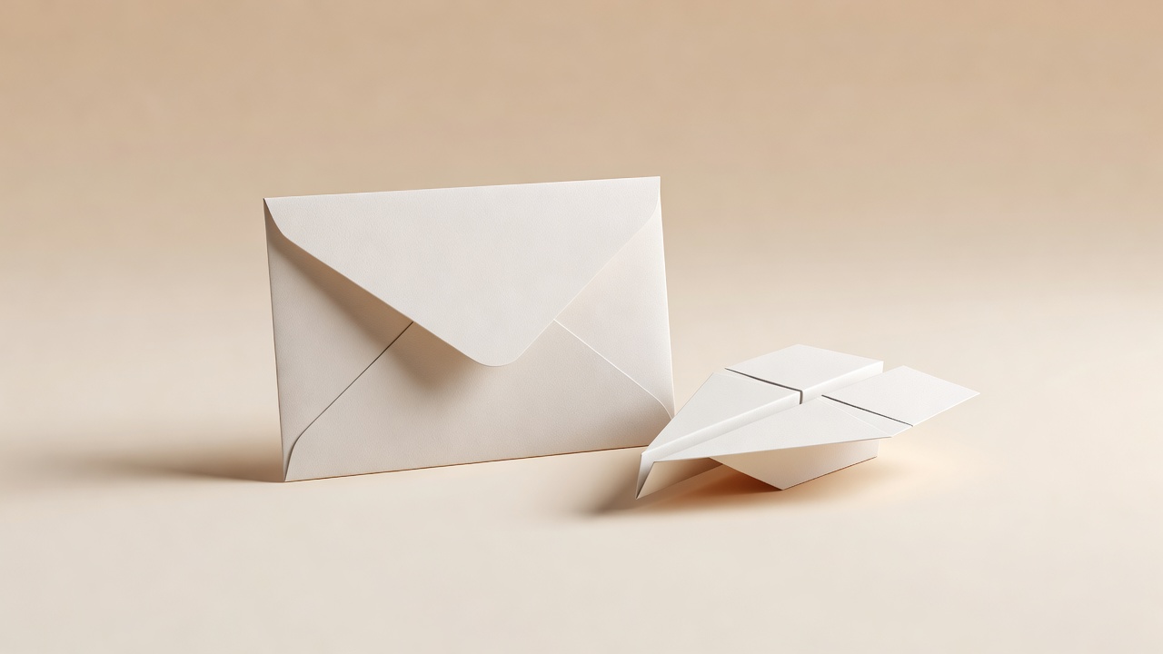 Soft 3D render of an envelope and a folded paper plane on a plain warm background