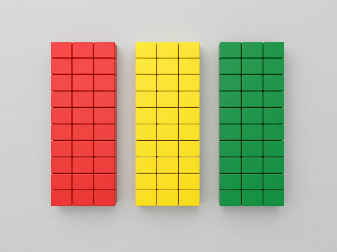 3D render of colourful blocks arranged like a kanban board on a plain surface