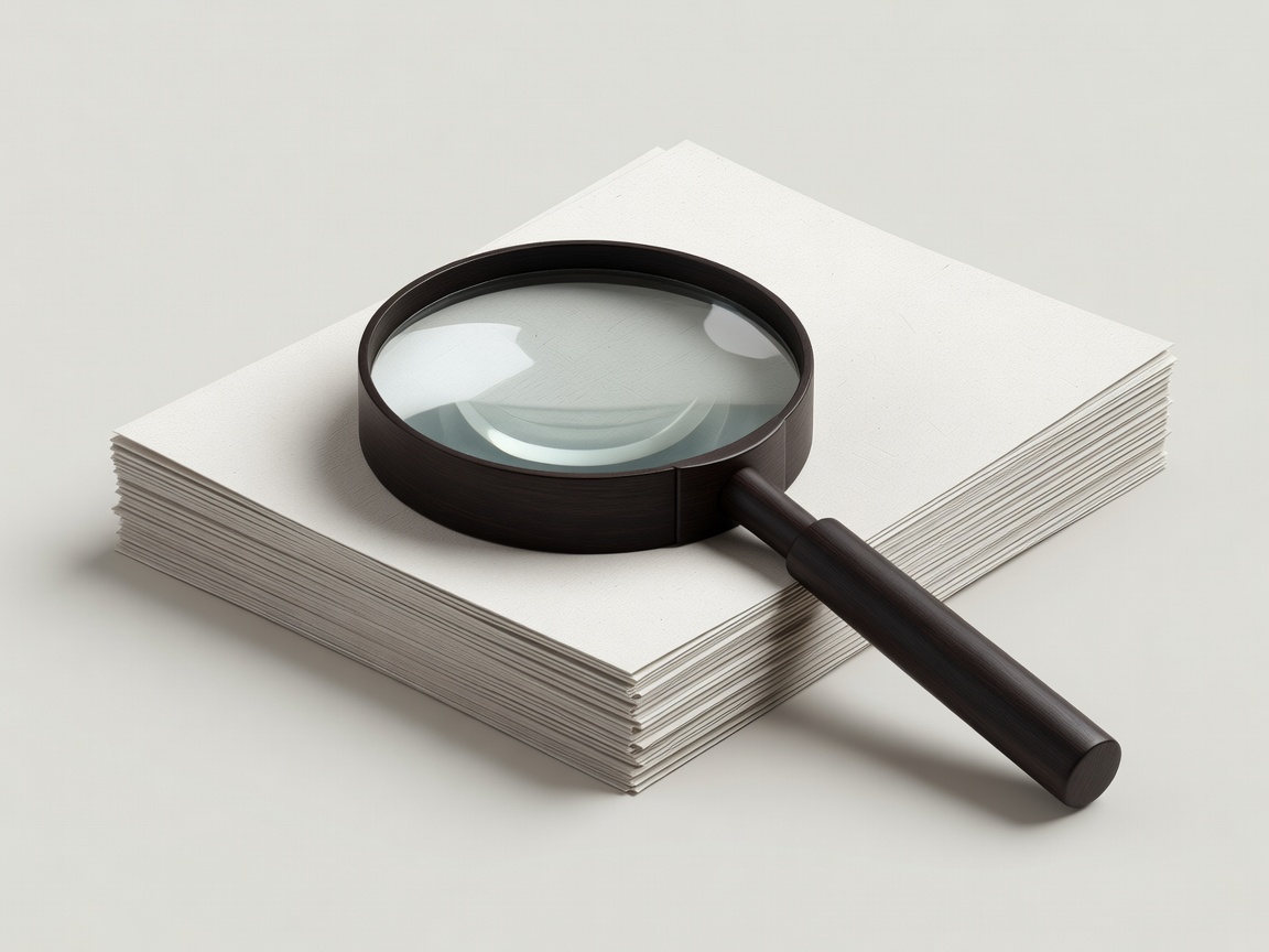 3D render of a magnifying glass resting on a stack of research papers on a plain backdrop