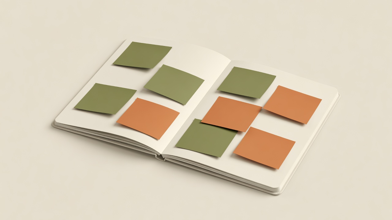 Soft 3D render of an open notebook with olive and terracotta sticky notes on a cream background