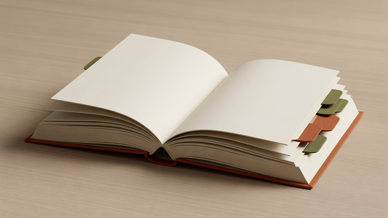 Soft-lit 3D render of an open book with olive and terracotta bookmark tabs
