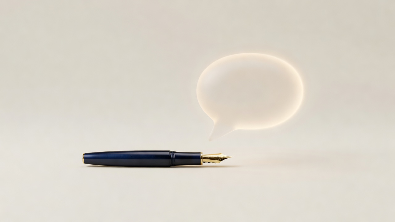 Soft 3D render of a fountain pen beside a floating speech bubble on a cream background