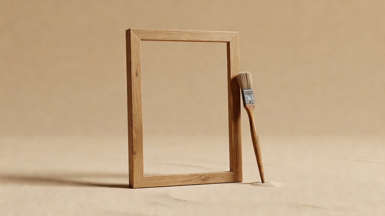 3D render of an empty picture frame with a paintbrush leaning against it on a sand-coloured backdrop
