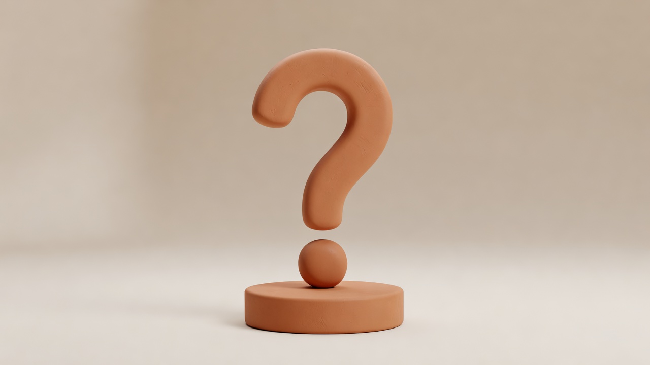 Soft 3D render of a terracotta question mark standing on a small pedestal