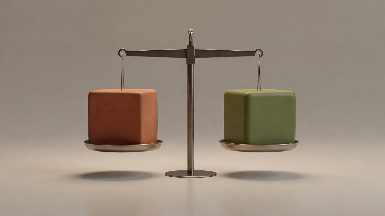 Soft-lit 3D render of a balance scale weighing a terracotta cube against an olive cube