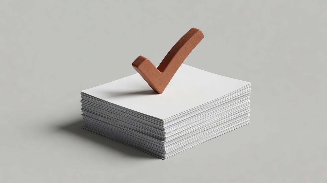 3D render of stacked documents topped with a terracotta checkmark on a plain background